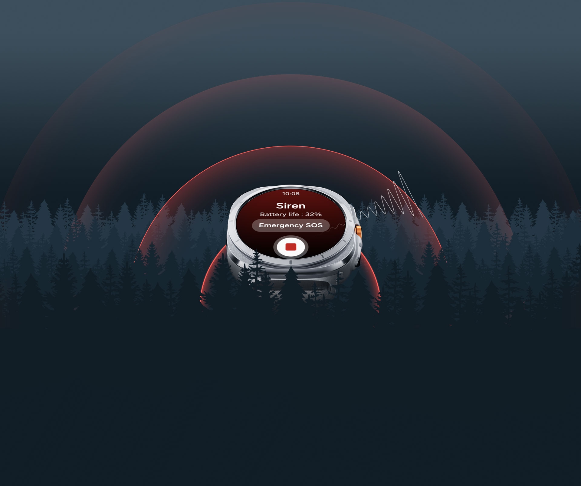 A Galaxy Watch Ultra is displaying a Siren screen with the text 'Emergency SOS' and a button to stop. A wave representing the sound is spreading out from the watch through the forest.