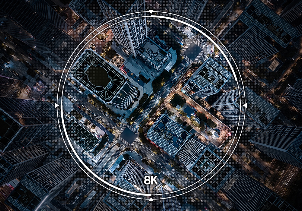 Aerial shot of city is optimised to 8K resolution to become super clear and crisp.