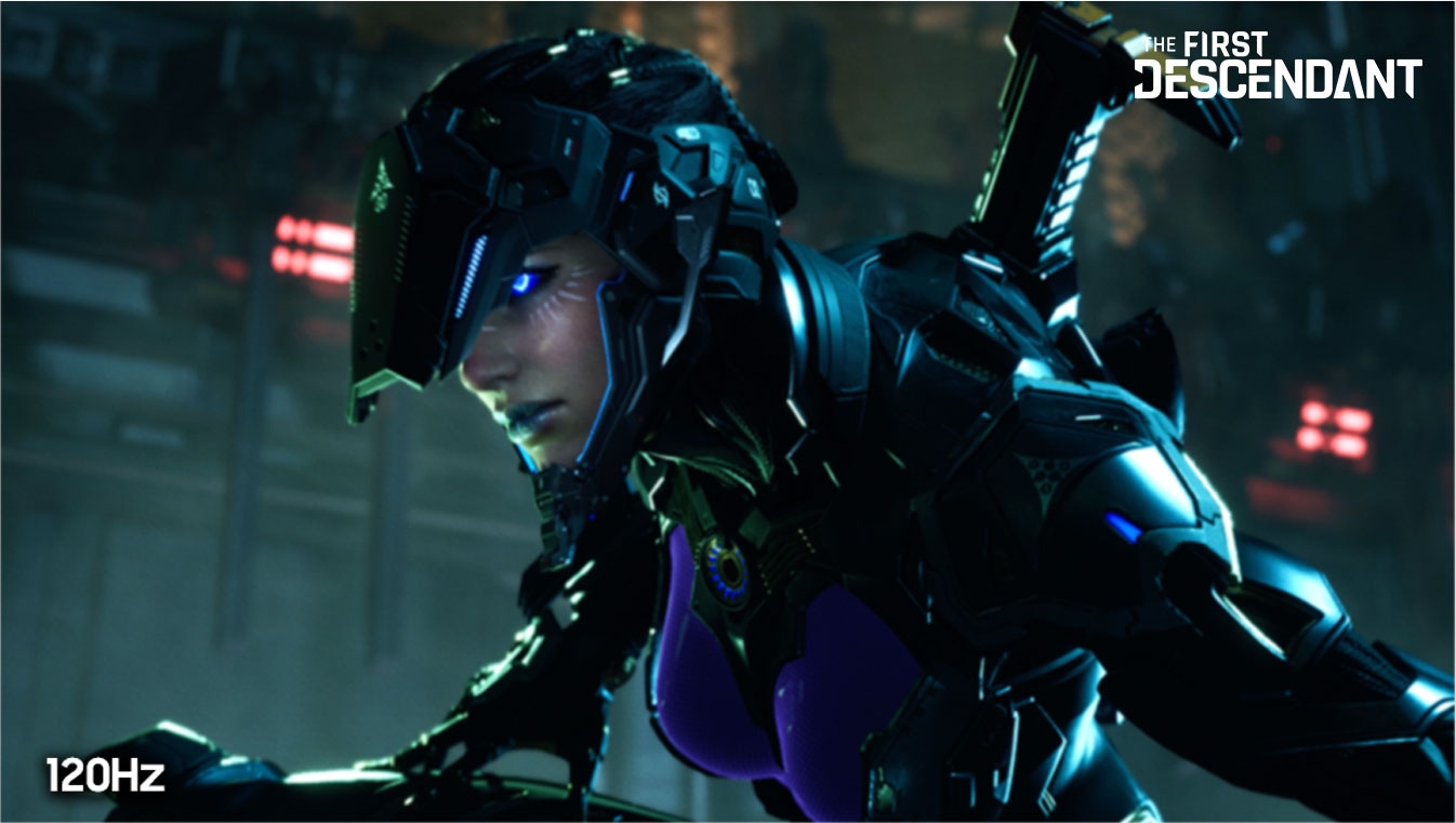 Eine Szene aus dem Nexon-Trailer, nämlich THE FIRST DESCENDANT, ist auf der einen Seite des Bildschirms, die mit „120Hz“ beschriftet ist, mit geringerer Schärfe und auf der anderen Seite, die mit „240Hz“ beschriftet ist, mit ultrascharfer Schärfe zu sehen. Benutzer*innen können den Bildschirm von einer Seite zur anderen verstellen, um die Bildqualität zu vergleichen.