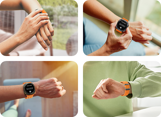 Vier verschiedene Aufnahmen eines Benutzers, der die Galaxy Watch Universal Gesture ausprobiert, einschließlich Berührung und Blick auf die Smart Watch.