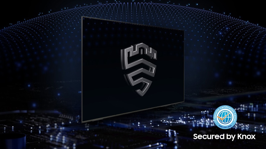 Samsung Knox sikkerhedslogo på en TV-skærm. Sikret af Knox-logo.