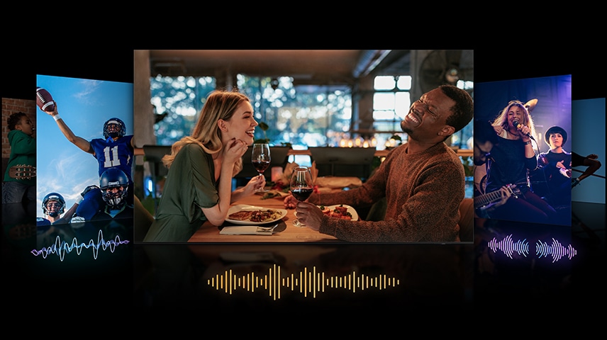 Les écrans ont différentes ondes sonores pour montrer comment l'audio est optimisé en fonction du contenu lu, comme les dialogues, les sports et la musique.
